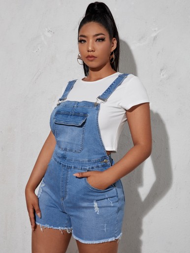 Plus Flap Pocket Ripped Detail Raw Hem Denim Overall Romper