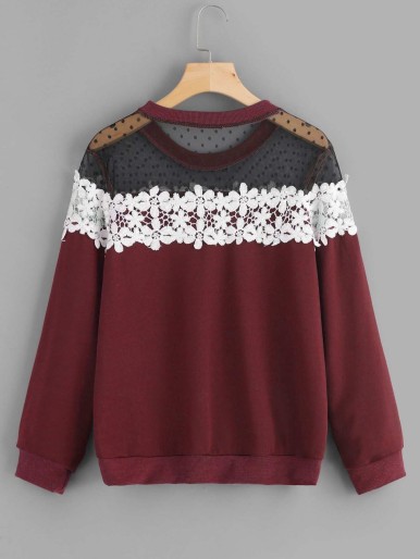 Contrast Mesh Hollow Out Crochet Sweatshirt