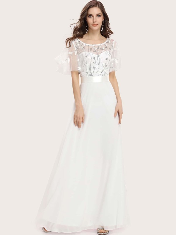 Flutter Sleeve Embroidered Mesh Yoke Chiffon Prom Dress