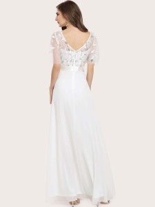 Flutter Sleeve Embroidered Mesh Yoke Chiffon Prom Dress