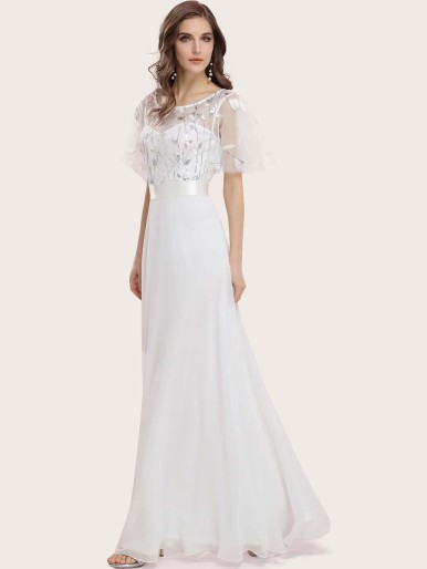 Flutter Sleeve Embroidered Mesh Yoke Chiffon Prom Dress