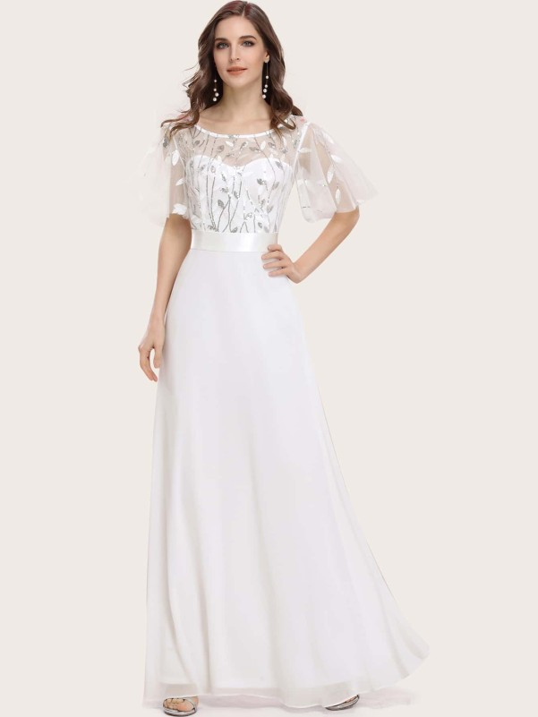 Flutter Sleeve Embroidered Mesh Yoke Chiffon Prom Dress