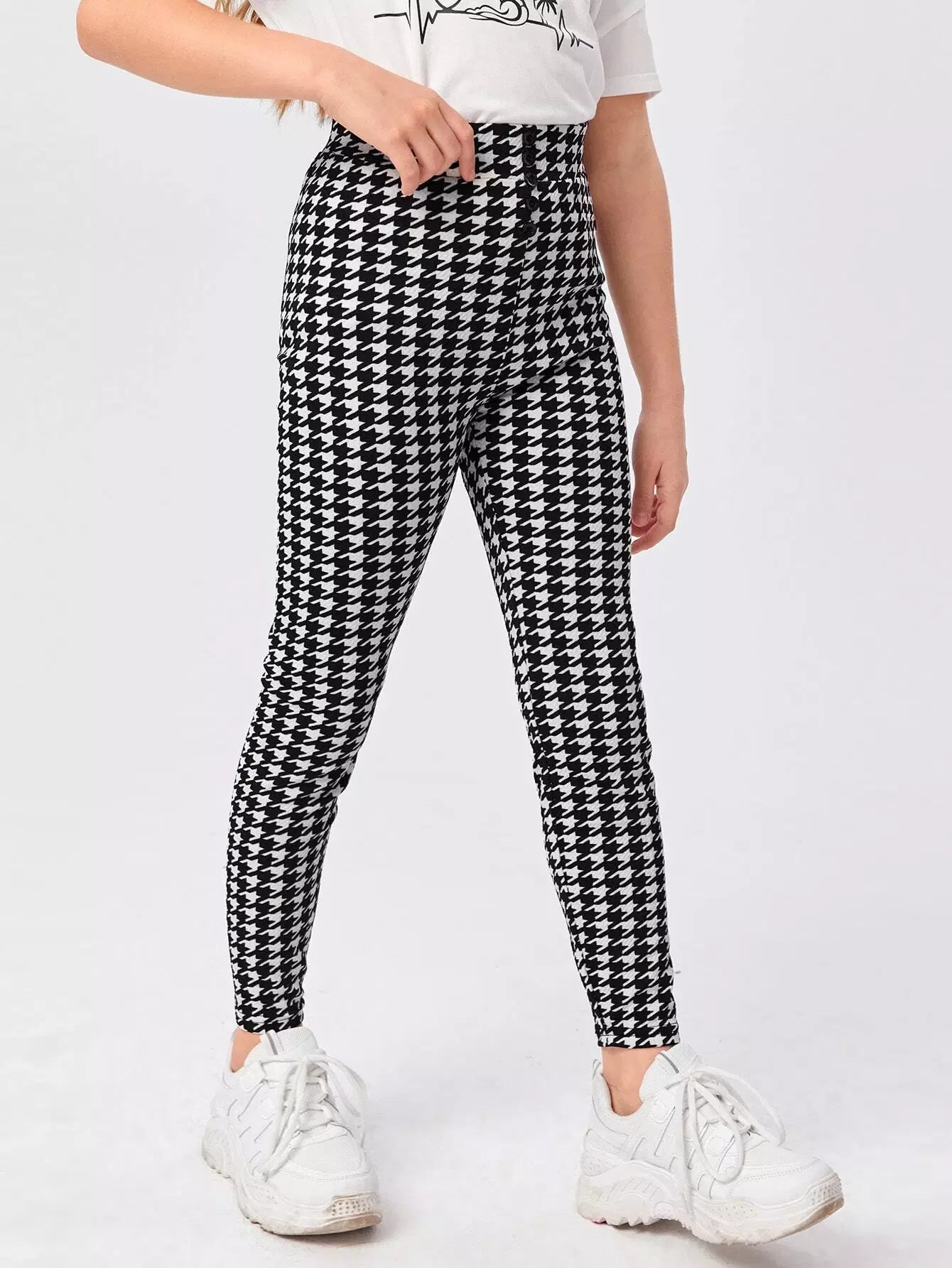 Girls Button Front Wide Waistband Houndstooth Skinny Pants – Beisat