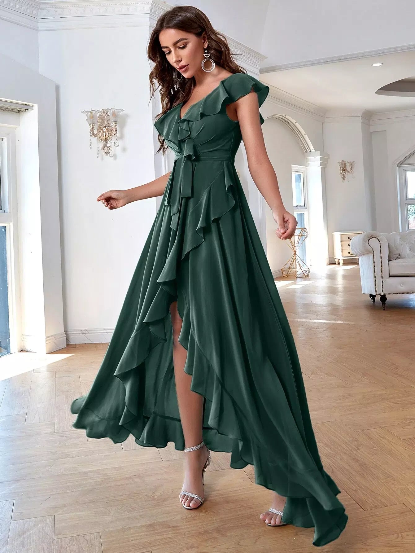 Solid Ruffle Trim Tie Front Asymmetrical Dress - Oman Solid Ruffle Trim Tie Front Asymmetrical Dress - Oman