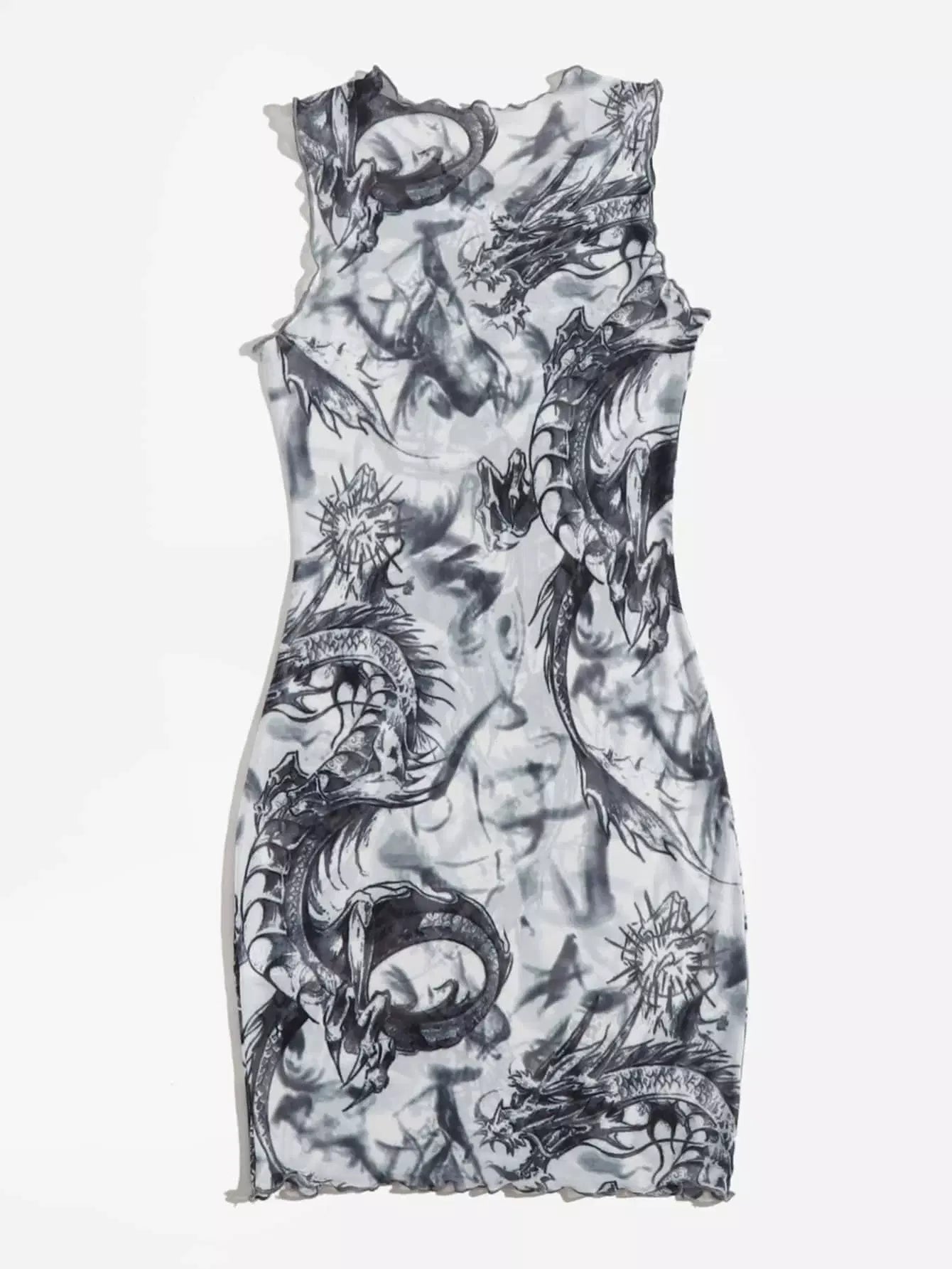 kylie jenner bodycon dress Lettuce Trim Chinese Dragon Print Bodycon Dress