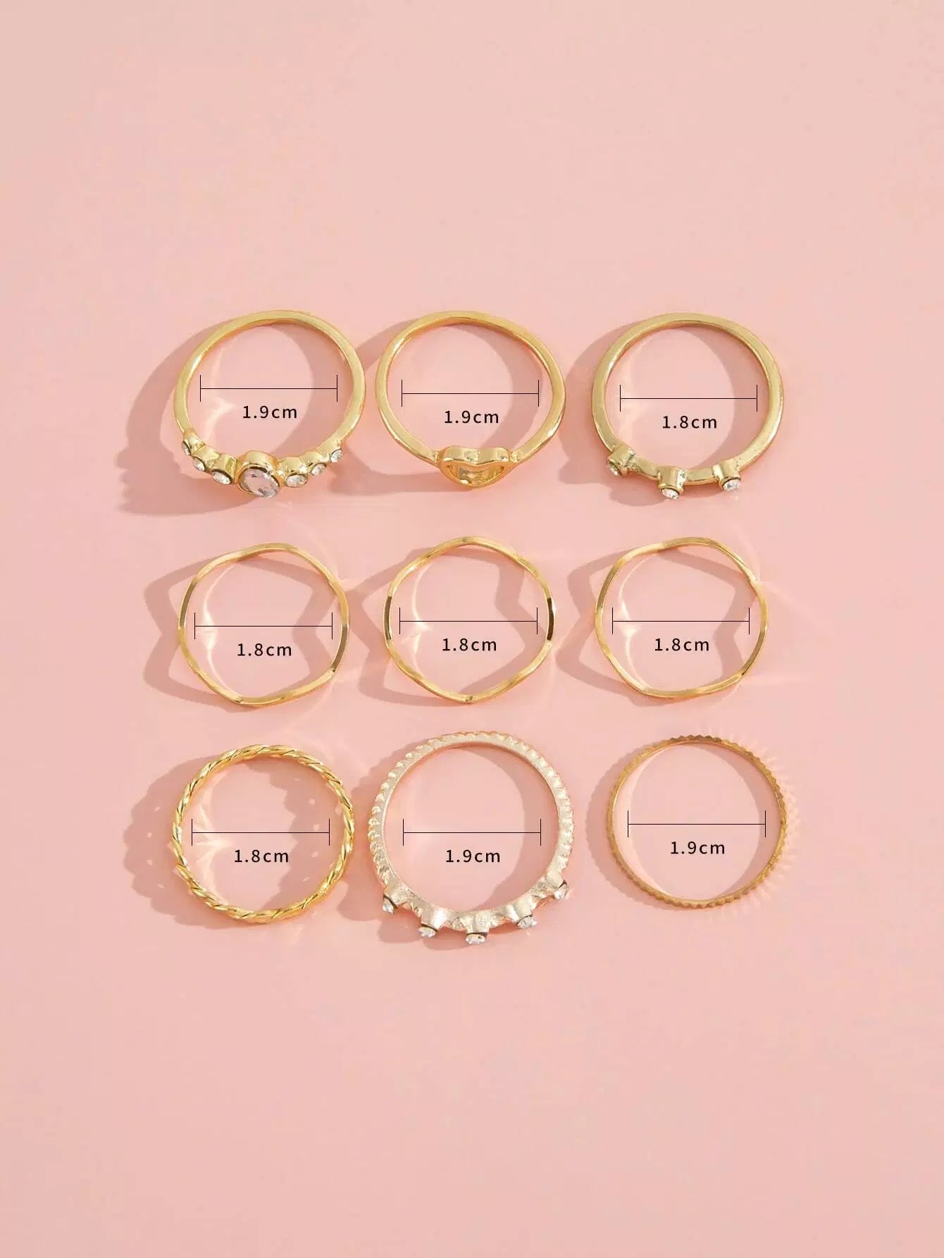 Heart Rhinestone Decor Ring 9pcs – Beisat - Main Image