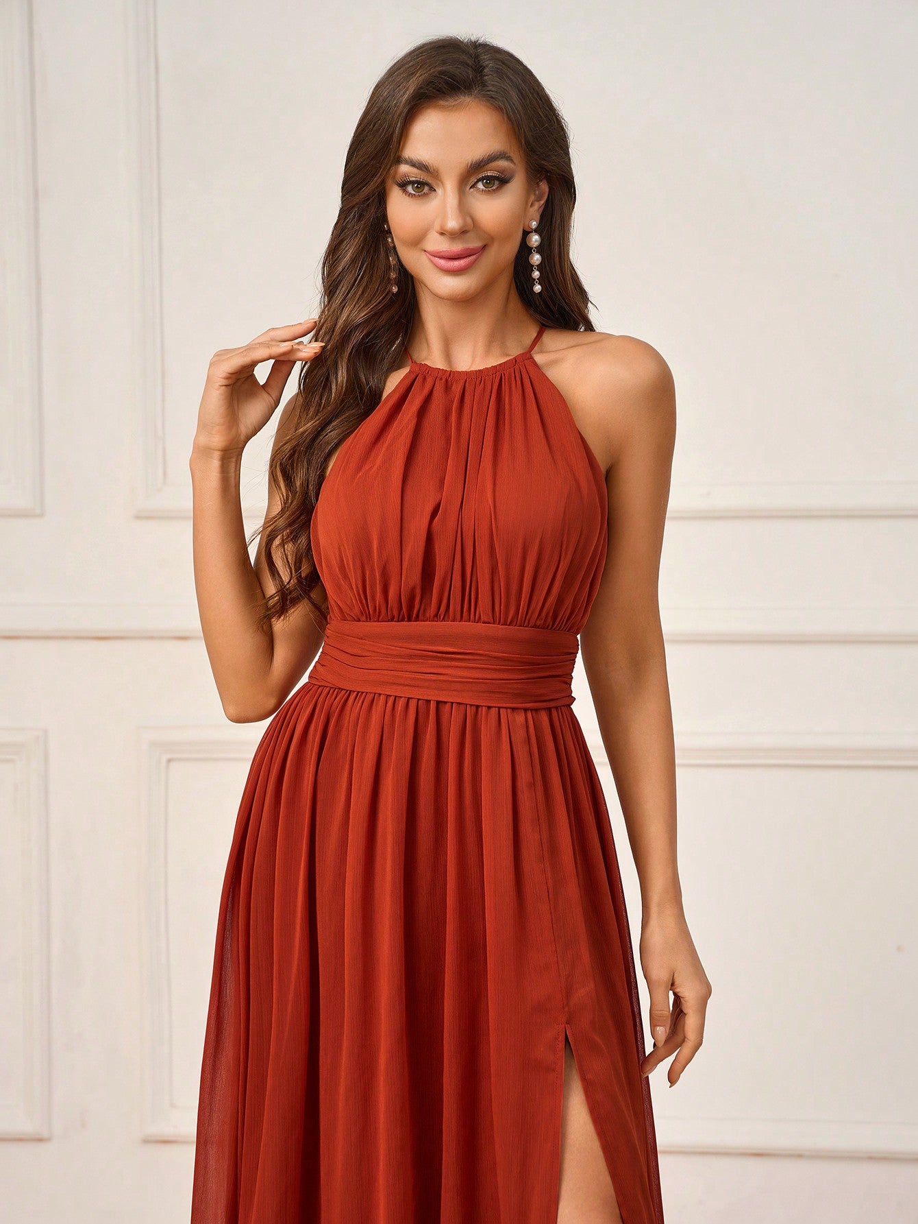 Belle Romantic & Elegant Crimson Chiffon Ruched Neck Halter Dress With Beisat Belle Romantic & Elegant Crimson Chiffon Ruched Neck Halter Dress With Beisat