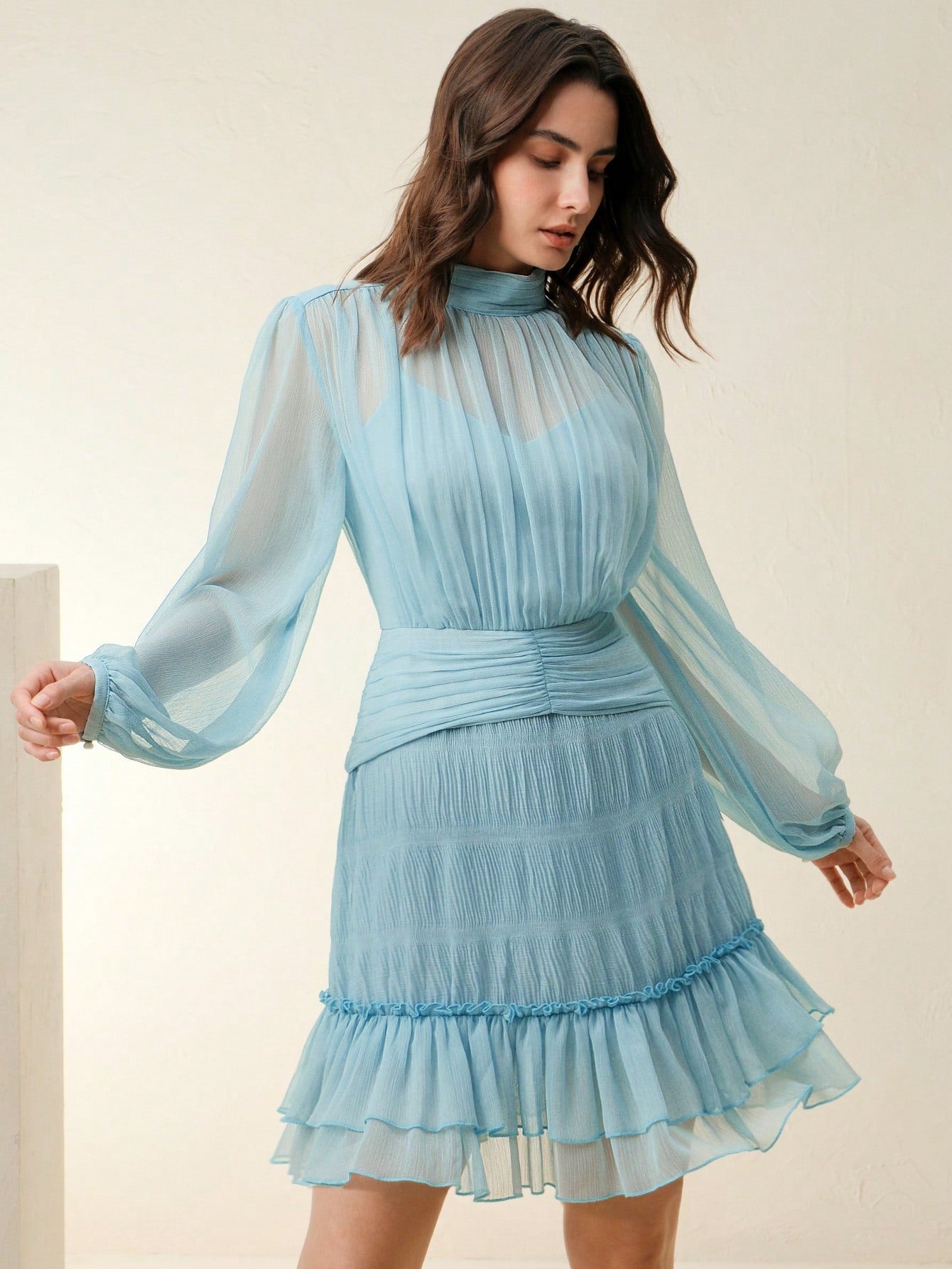 Anewsta New Elegant Pleated Lantern Sleeve Waist Fit Slim Dress, Suita Beisat Anewsta New Elegant Pleated Lantern Sleeve Waist Fit Slim Dress, Suita Beisat