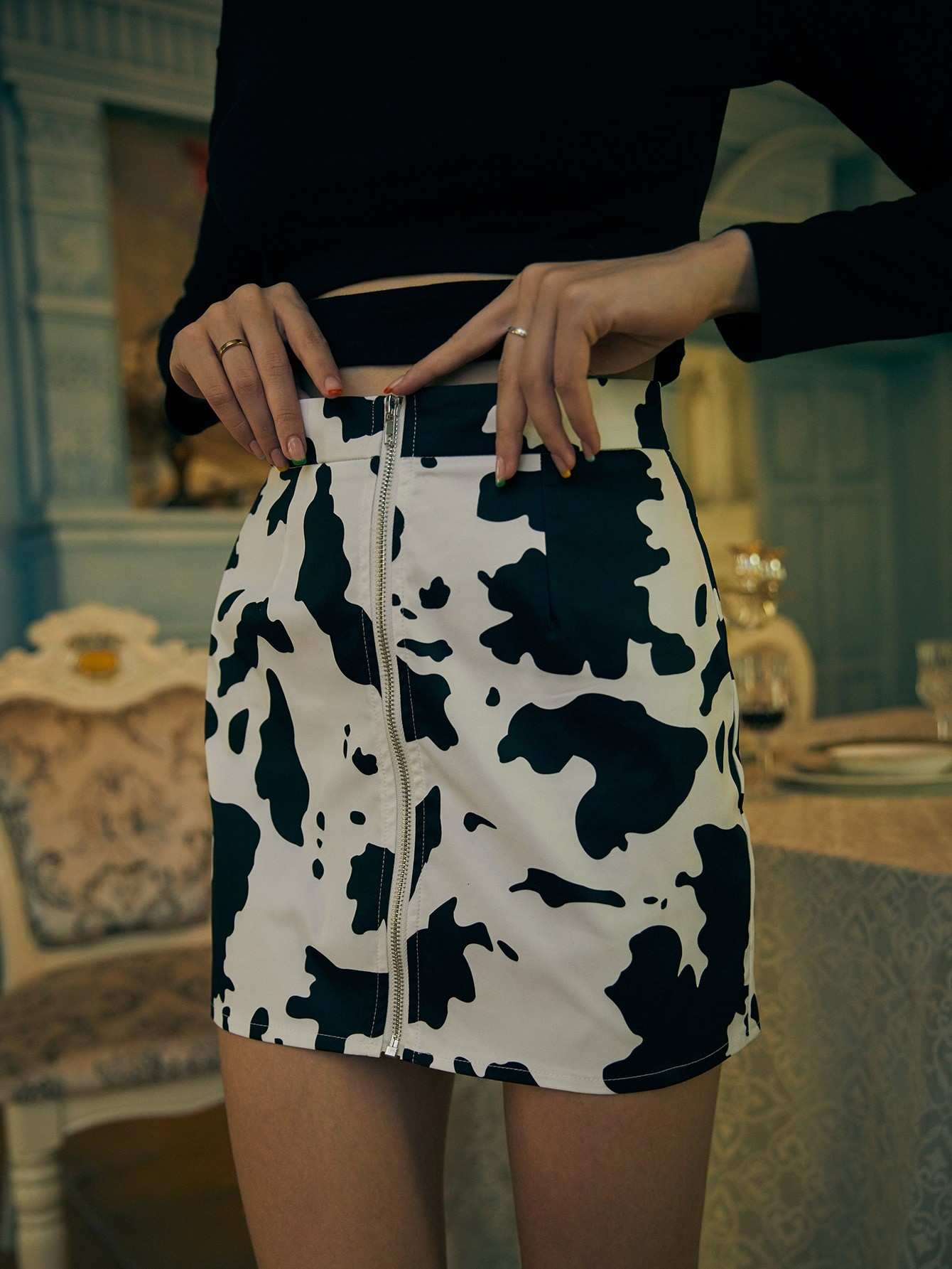 Cow Print Zip Up Skirt Beisat