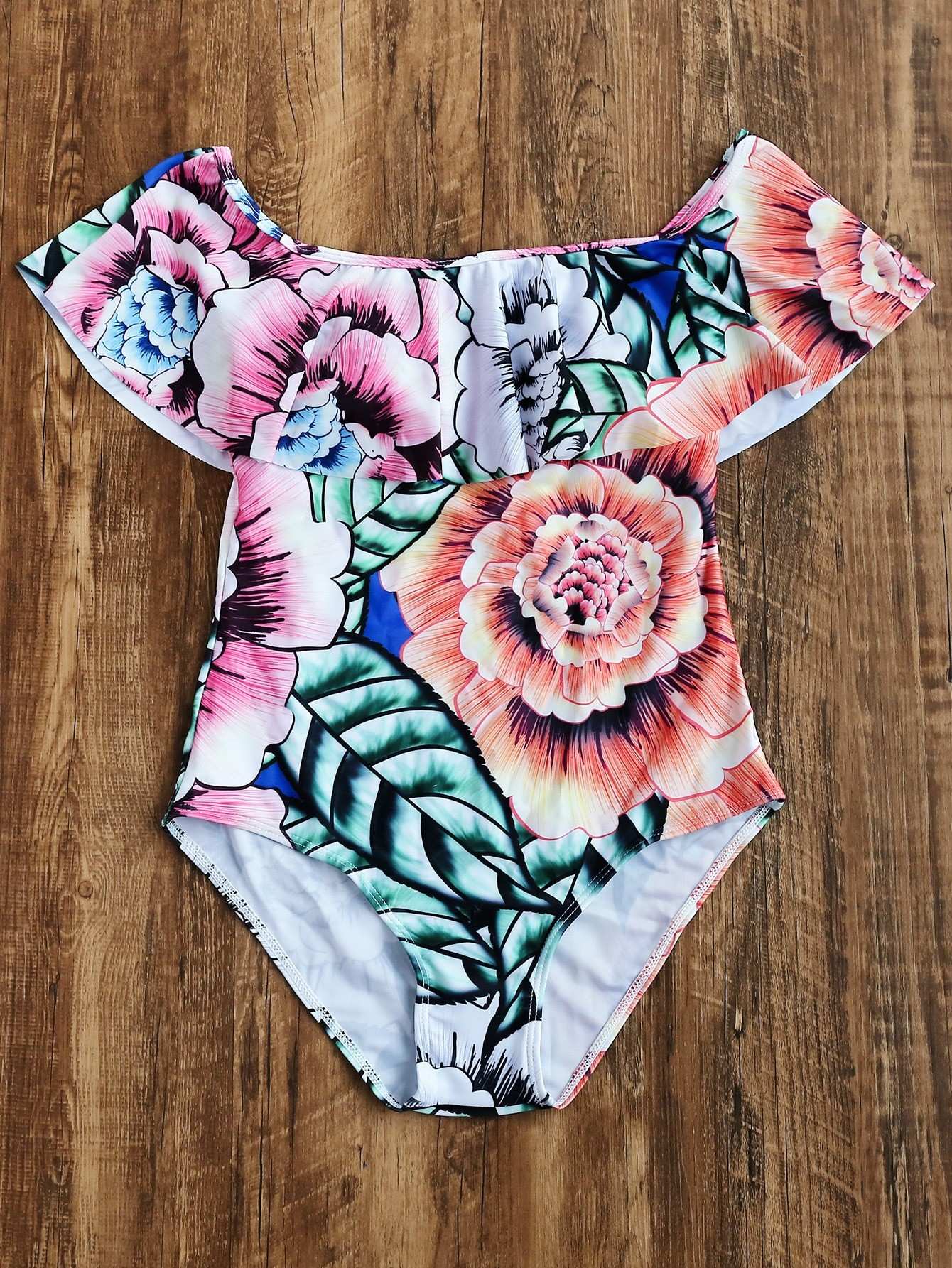 Floral Print Off Shoulder One Piece Swimsuit Beisat