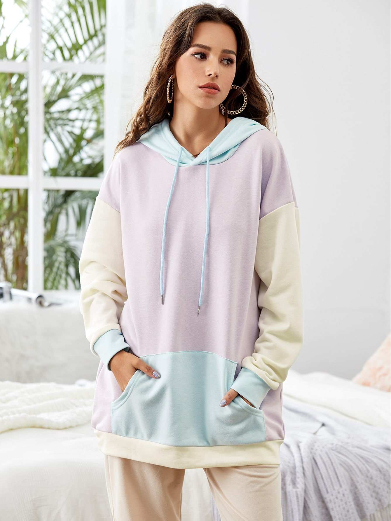 Colorblock kangaroo pocket drawstring hoodie sale