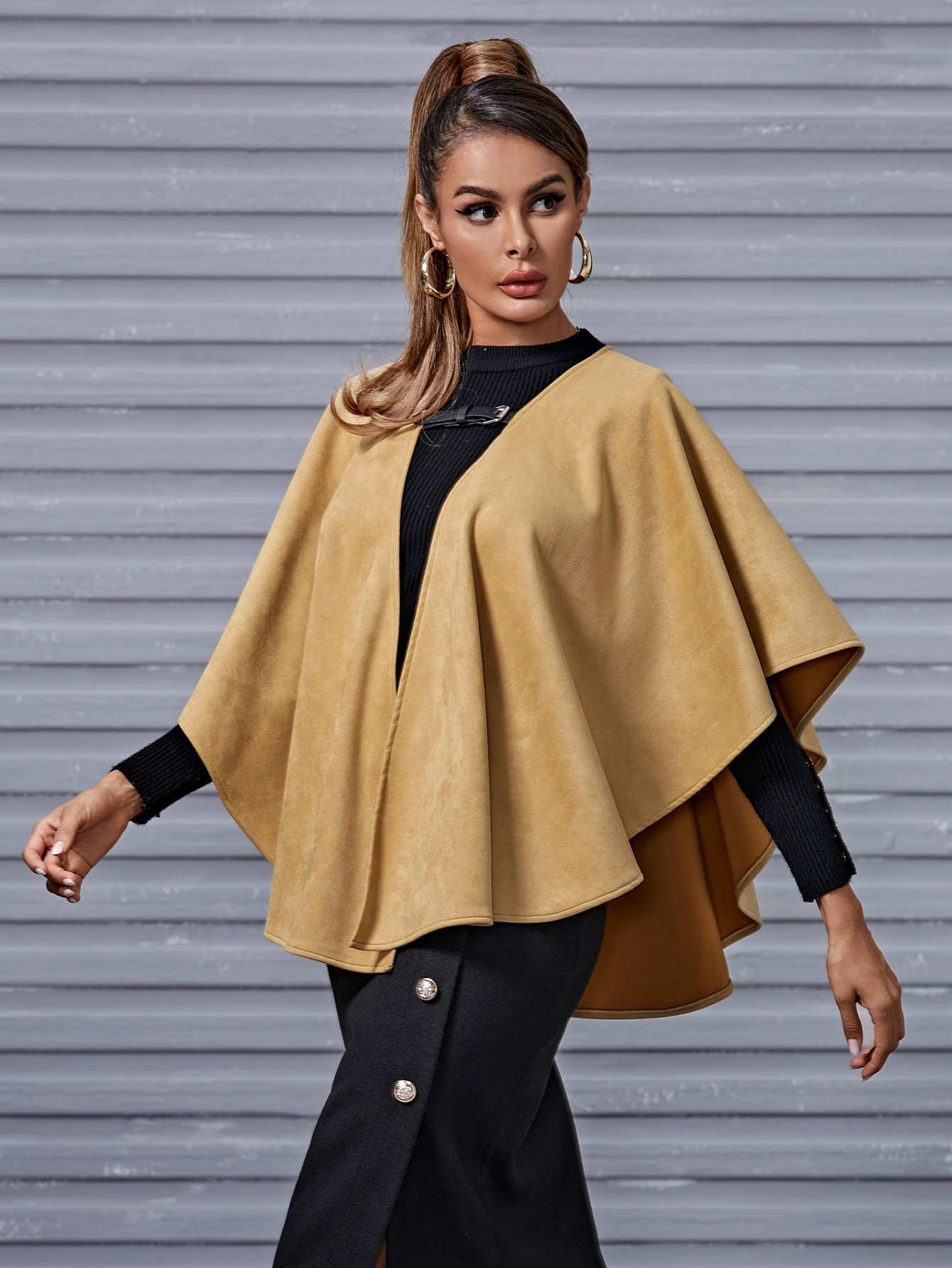 Open Front Suede Cape Coat Beisat