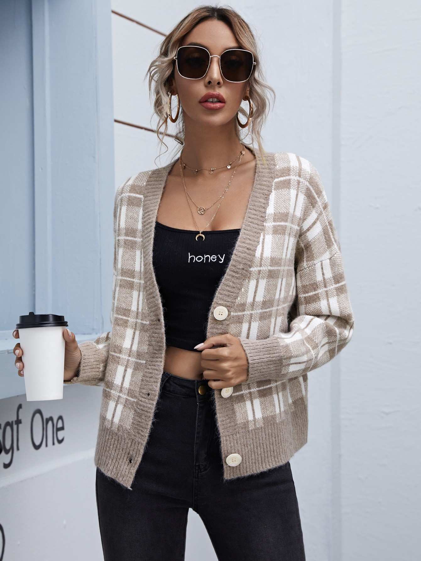 Plaid button front cardigan clearance