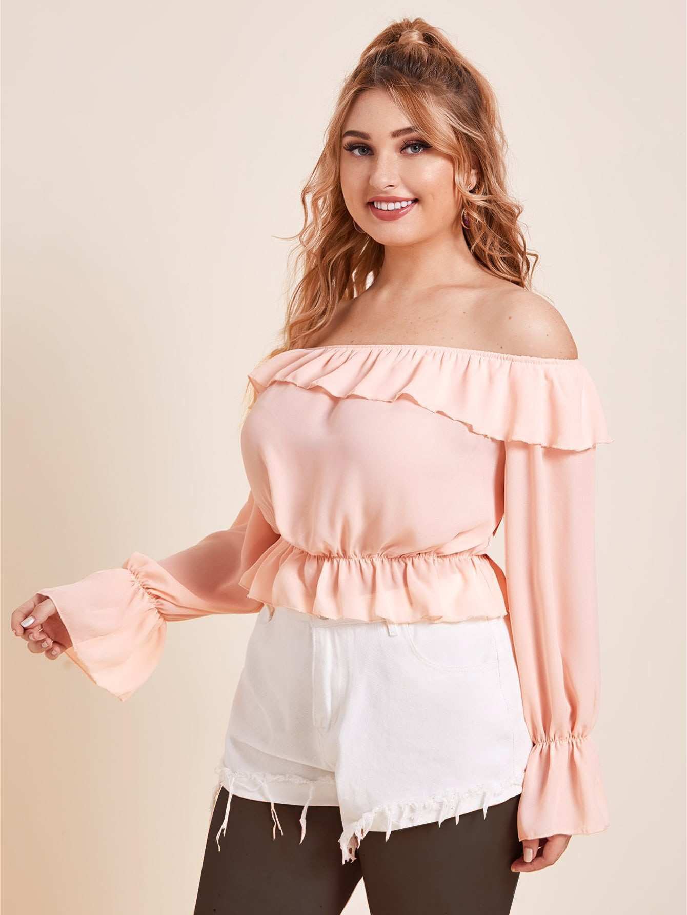 Frill flounce sleeve bardot blouse 2025