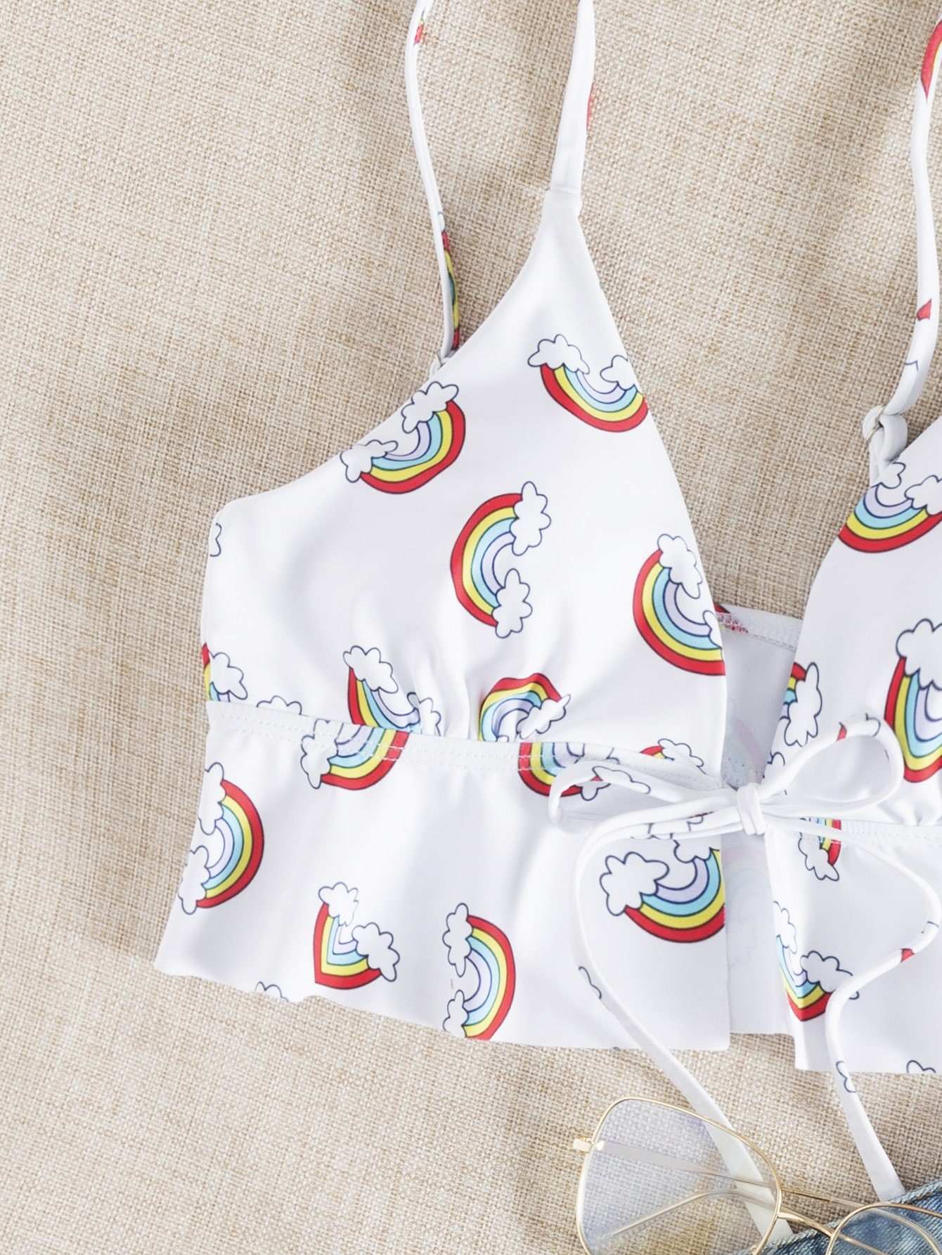 Rainbow Print Ruffle Hem Bikini Top Beisat