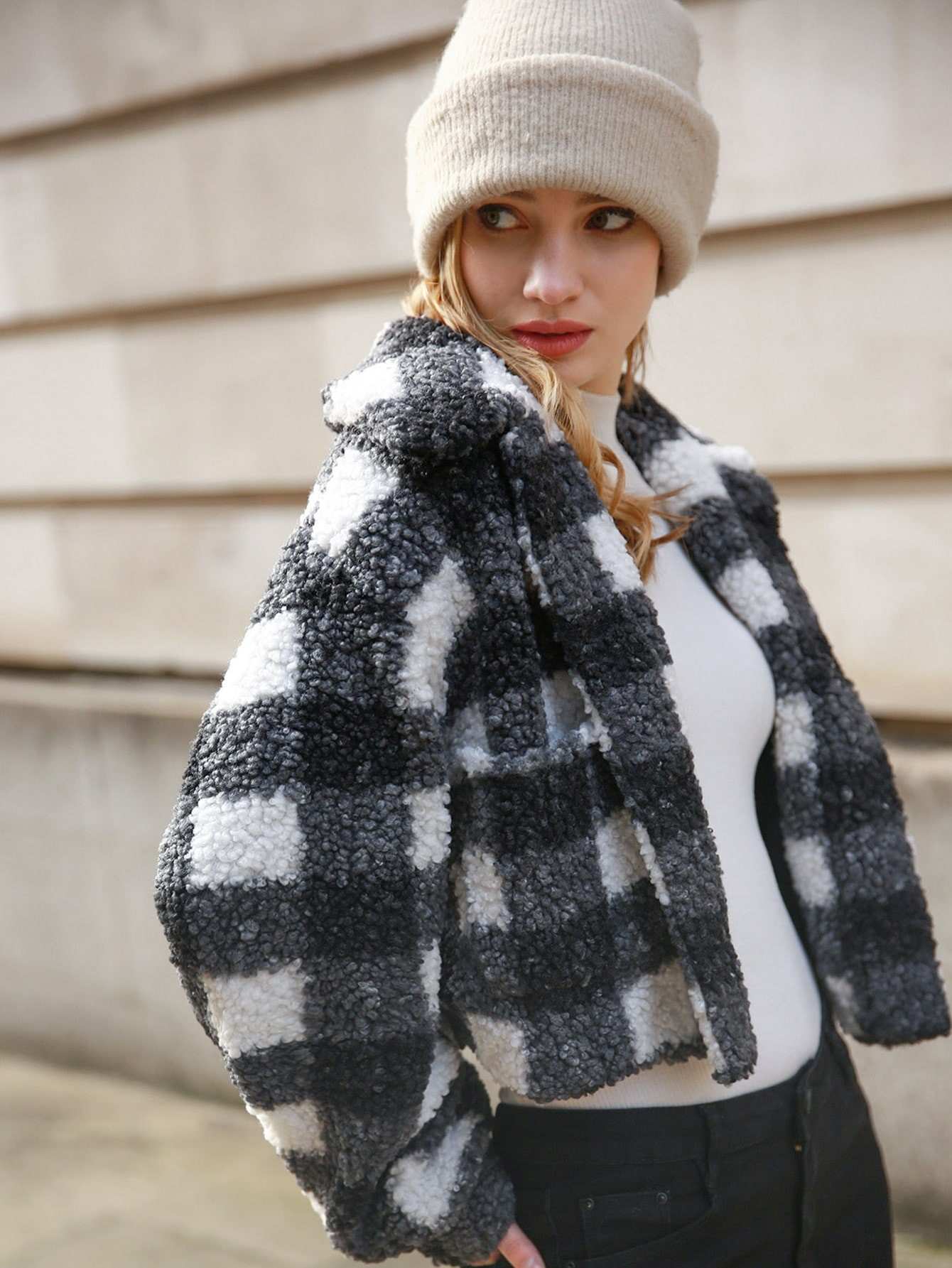 Plaid teddy jacket deals
