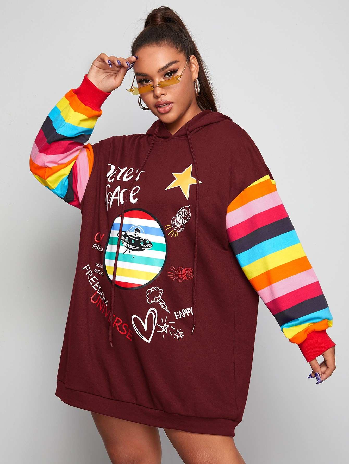 Plus Mixed Print Rainbow Striped Sleeve Hoodie Dress Beisat