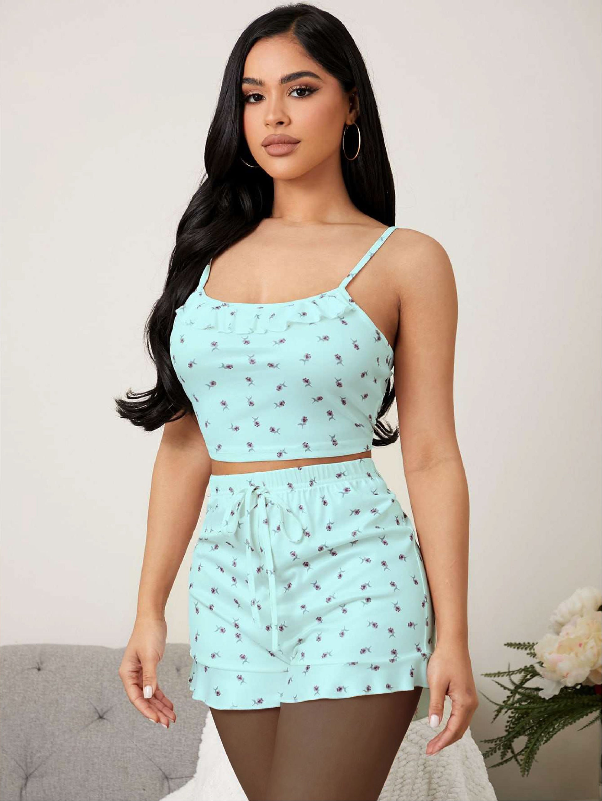 Ditsy Floral Ruffle Trim Knot Front PJ Set – Beisat